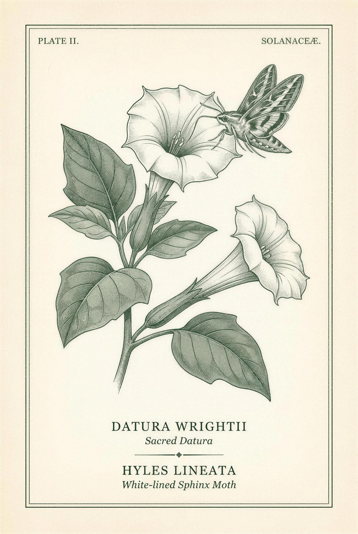 Botanical plate of sacred datura in bloom with a white-lined sphinx moth at the flower