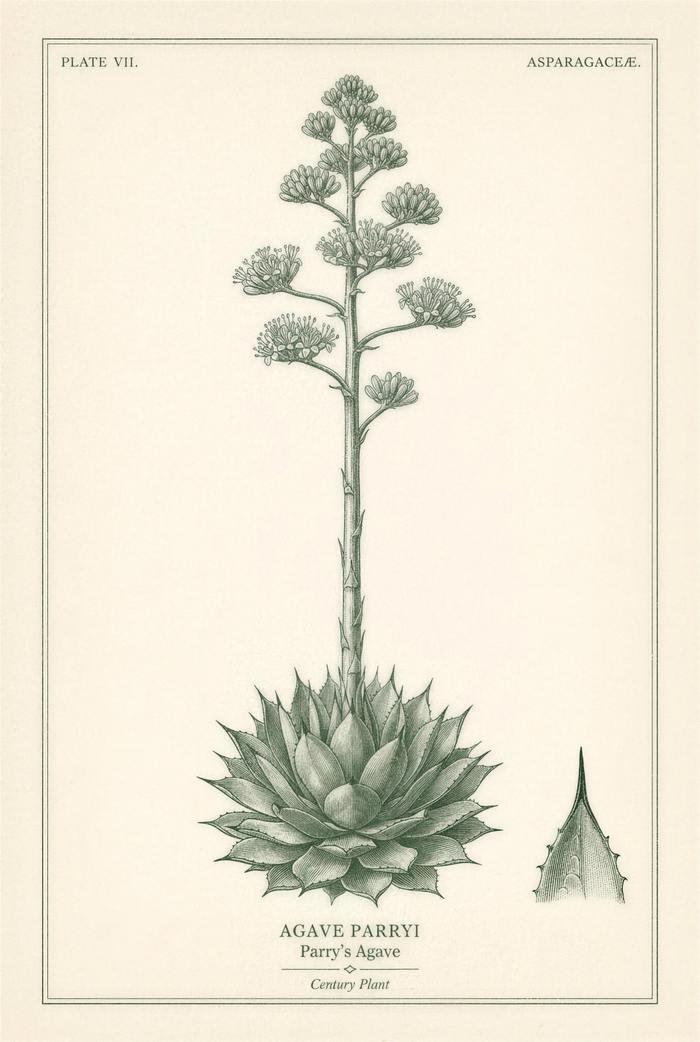 Botanical plate of Parry's agave showing the full flowering stalk above the leaf rosette, with a detail study of a single spined leaf