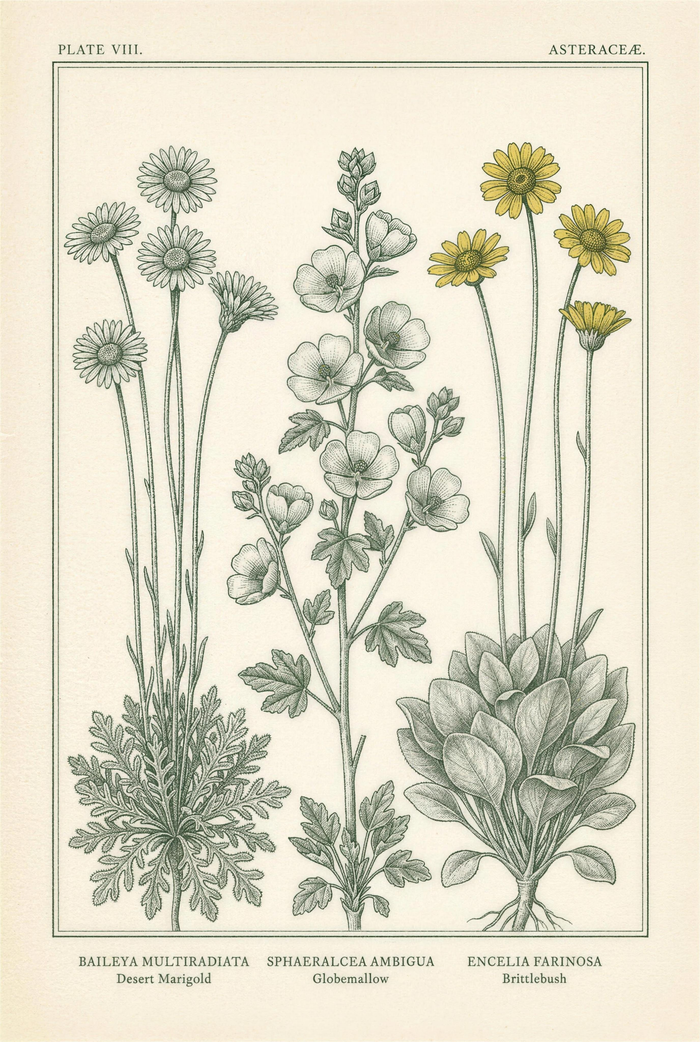 Botanical plate of three Sonoran spring wildflowers side by side: desert marigold, globemallow, and brittlebush in yellow bloom